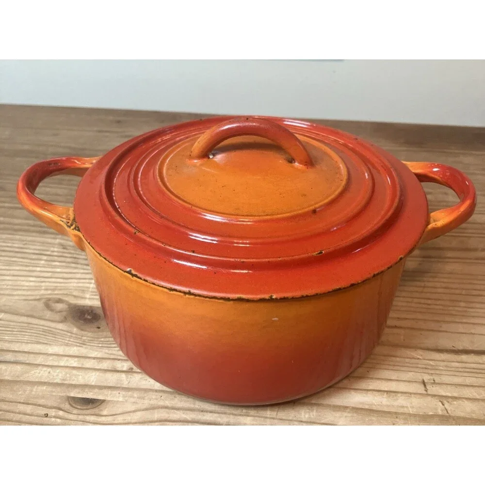 Vintage France 1960s Le Creuset A 1.5qt Cast Iron Dutch Oven FLAME Orange Red